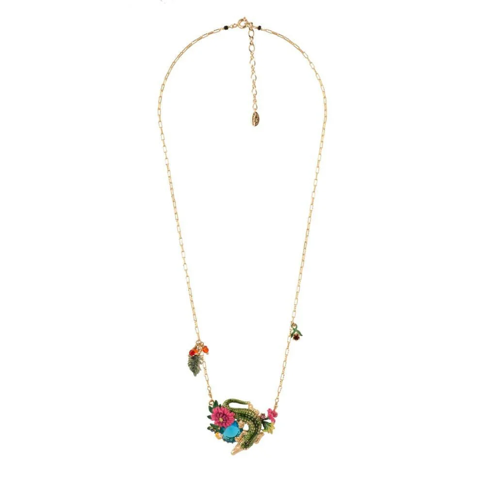 Jungle Tropicale Large Crocodile, Pink Flower & Turquoise Stone Necklace | ADJT3031 - Image 2
