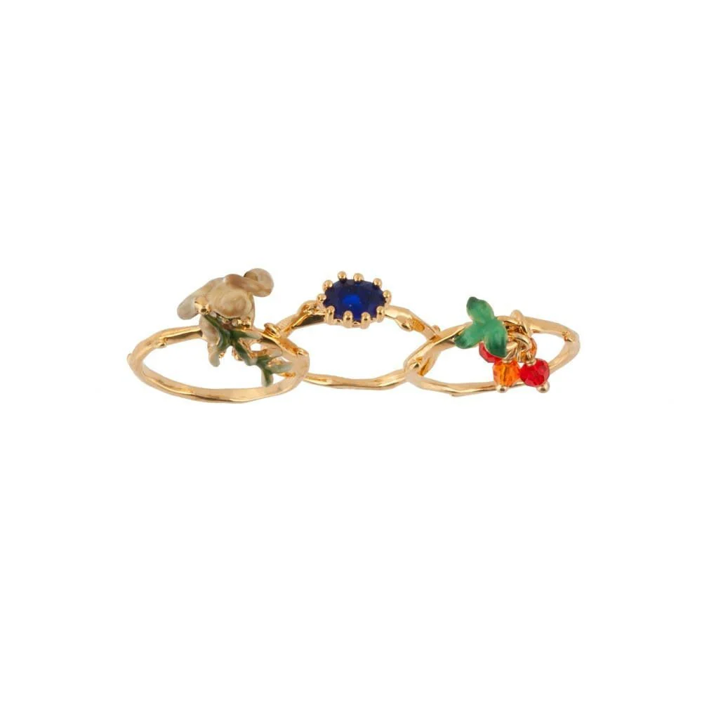 Set Of 3 Jungle Tropicale Monkey, Dark Blue Stone & Beads Rings | ADJT603/11