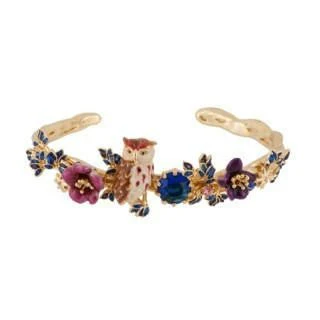Clarte Nocturne Eagle Owl With Leaves, Burgundy Flower And Dark Blue Crystal Stone Large Bracelet | AECN2051