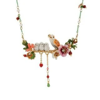 Clarte Nocturne Owl & Owlets With Flowers & Dark Green Crystal Stone Necklace | AECN3021