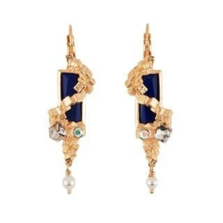 Roches Singulieres Rectangular Blue Crystal Stone With Cubes And Freshwater Pearl Earrings | AERO1071