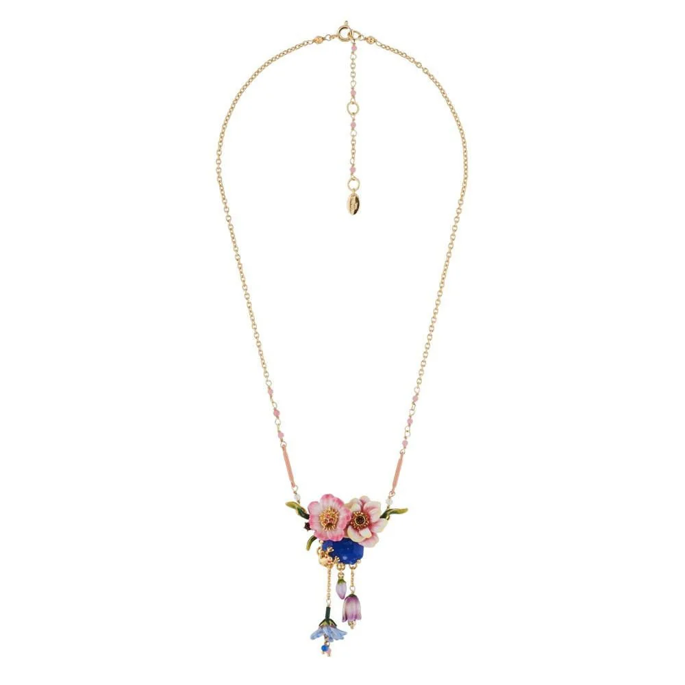 Pink Flower, Frog, Blue Stone With Dangling Flower Buds Necklace | AGHI3051