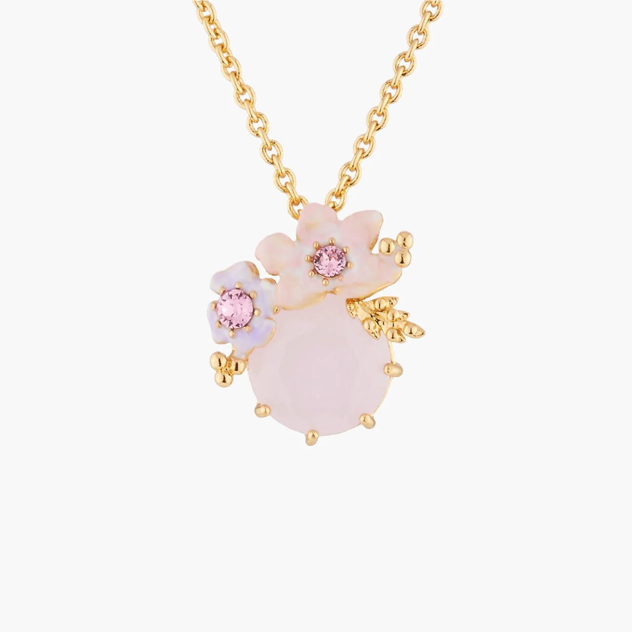 Pink Flowers On Faceted Stone Pendant Necklace | Akjv3041
