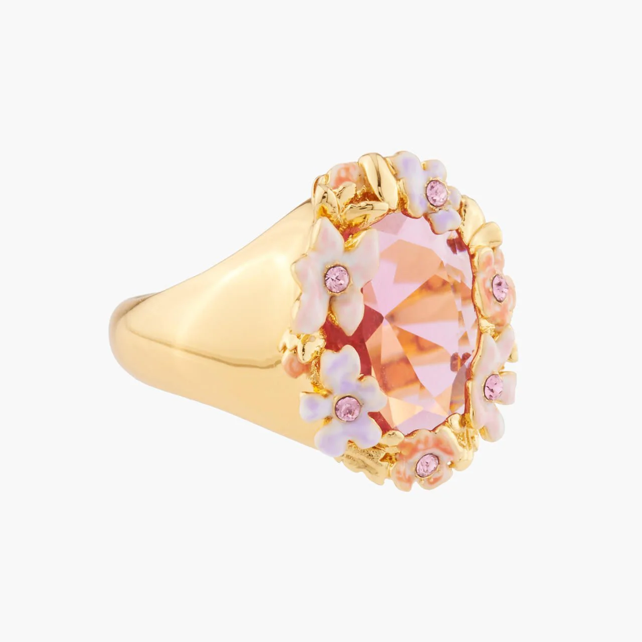 Pink And Pale Violet Flowers On A Faceted Stone Cocktail Rings | Akjv6011