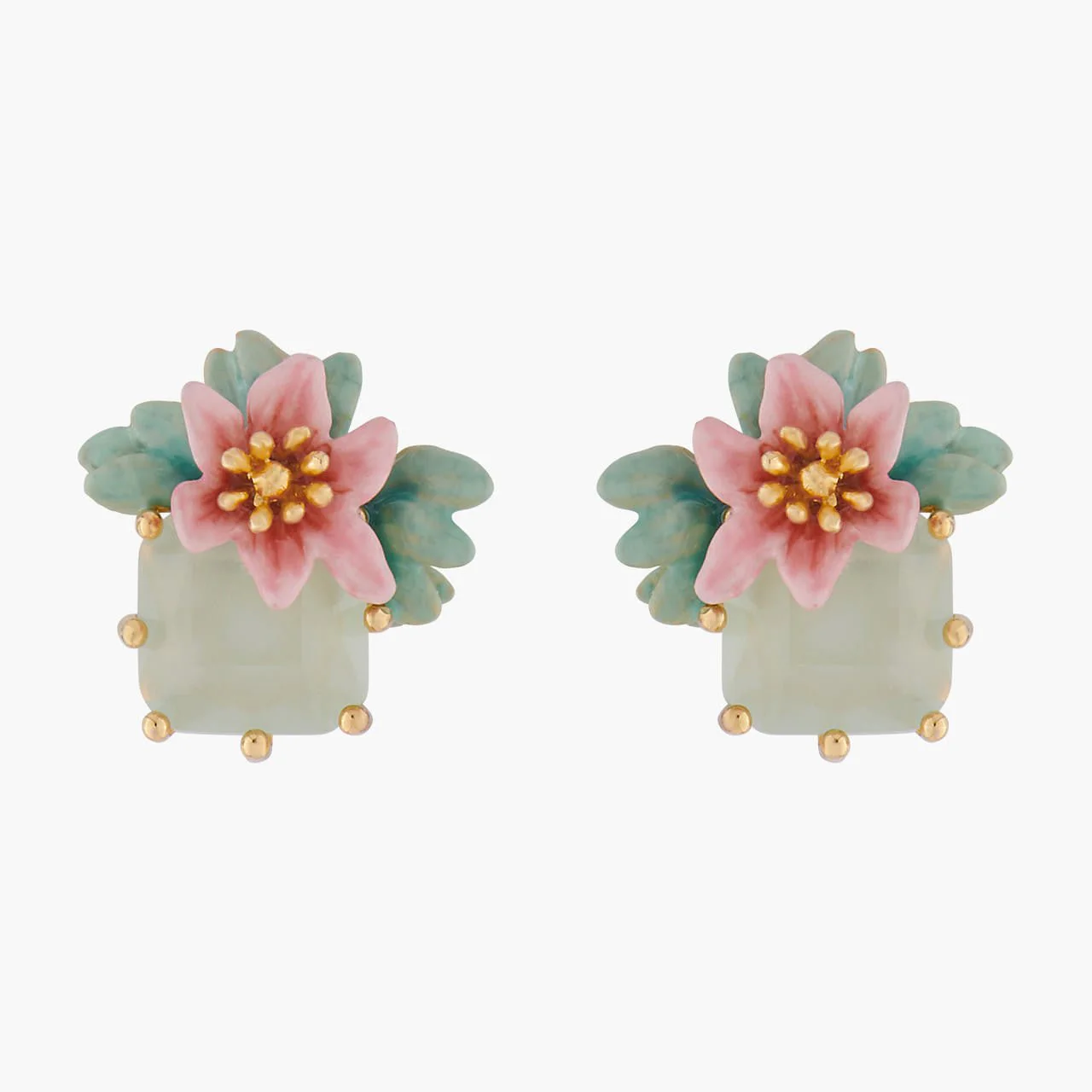 Pink Oleander Flower And Square Stone Earrings | ALPE1091