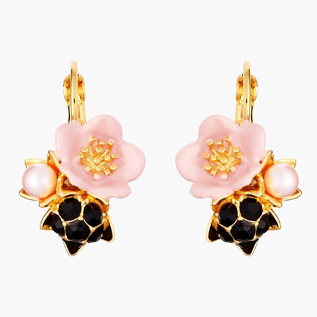 Pink Flower And Dewdrop Dormeuses Earrings | AMCM1051