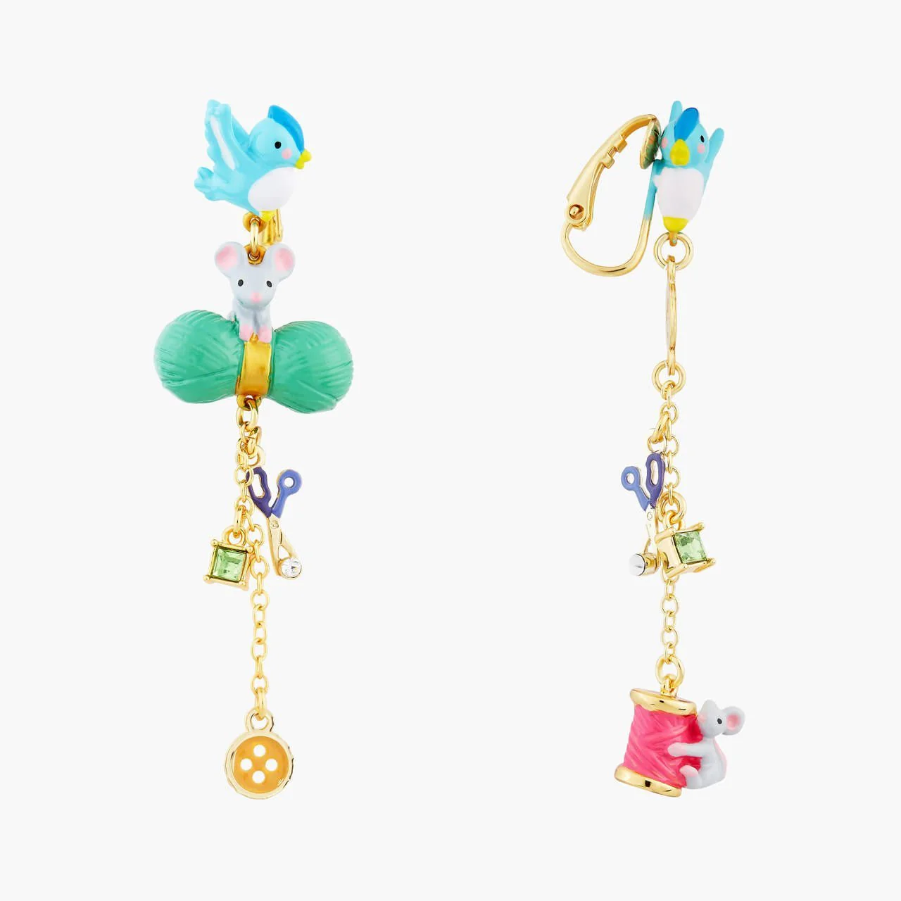 Bird, Mouse, Wool, Scissors, Button, Spool Of Thread And Faceted Crystal Earrings | AOCE1071 - Image 4