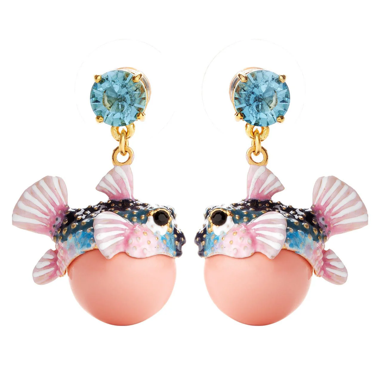Boxfish And Light Blue Faceted Crystal Stone Pendant Sleeper Earrings | AOGL1031