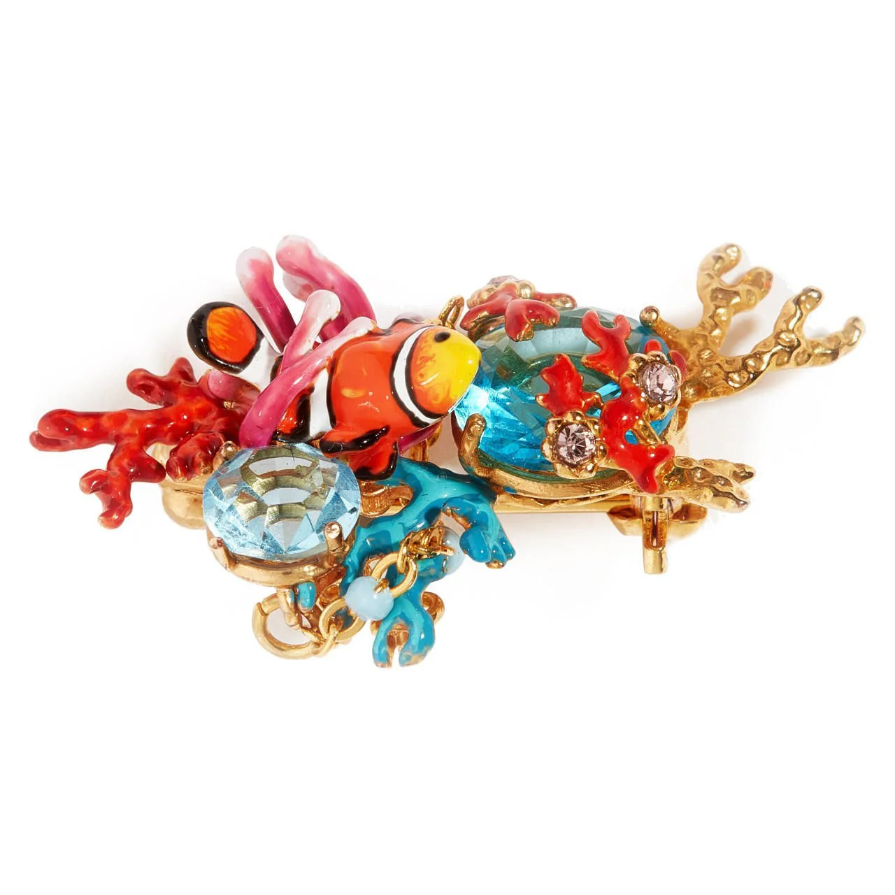 Clownfish, Anemones And Blue Faceted Crystal Stones Brooch | AOGL5011