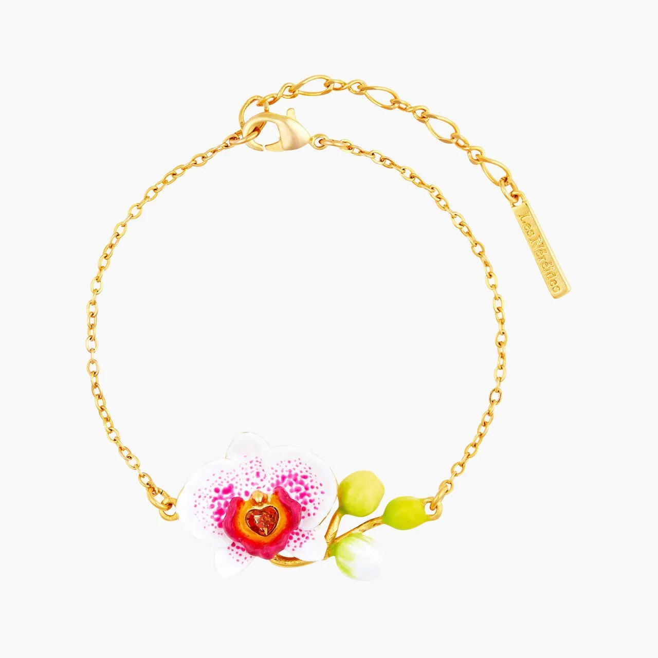 Elephant'S Ear Orchid And Faceted Crystal Heart Thin Bracelet | AOOC2031