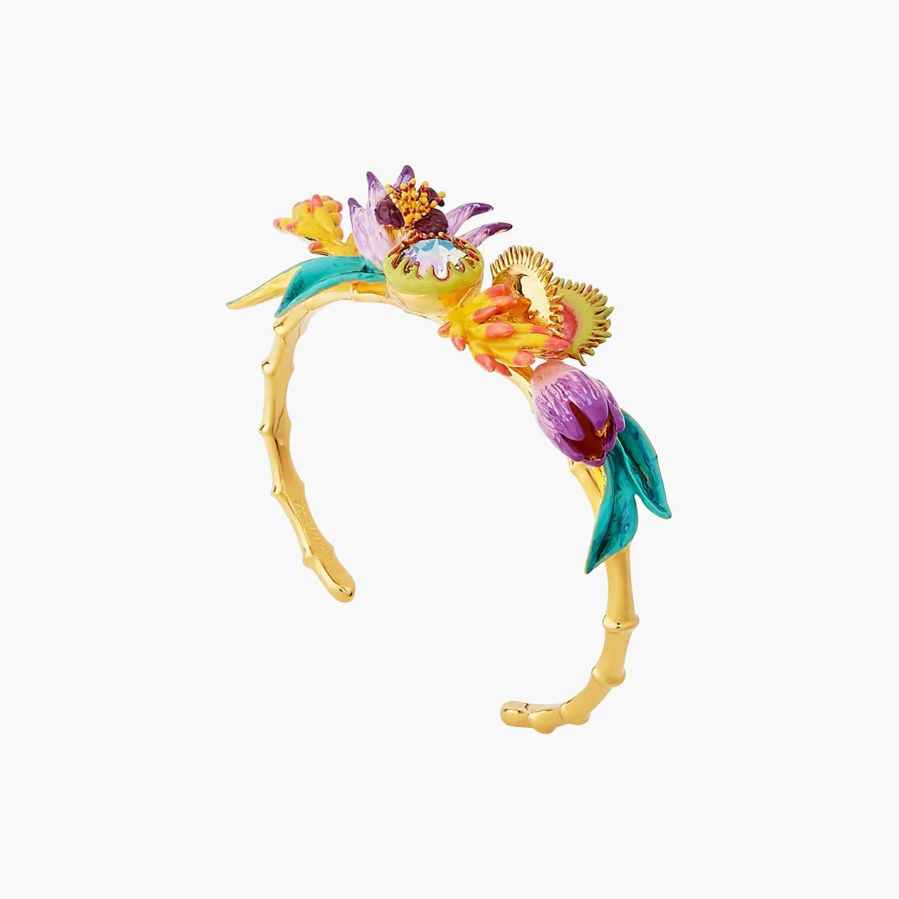 Tropical Flowers Bouquet And Faceted Crystal Stone Bangle Bracelet | AOOC2061