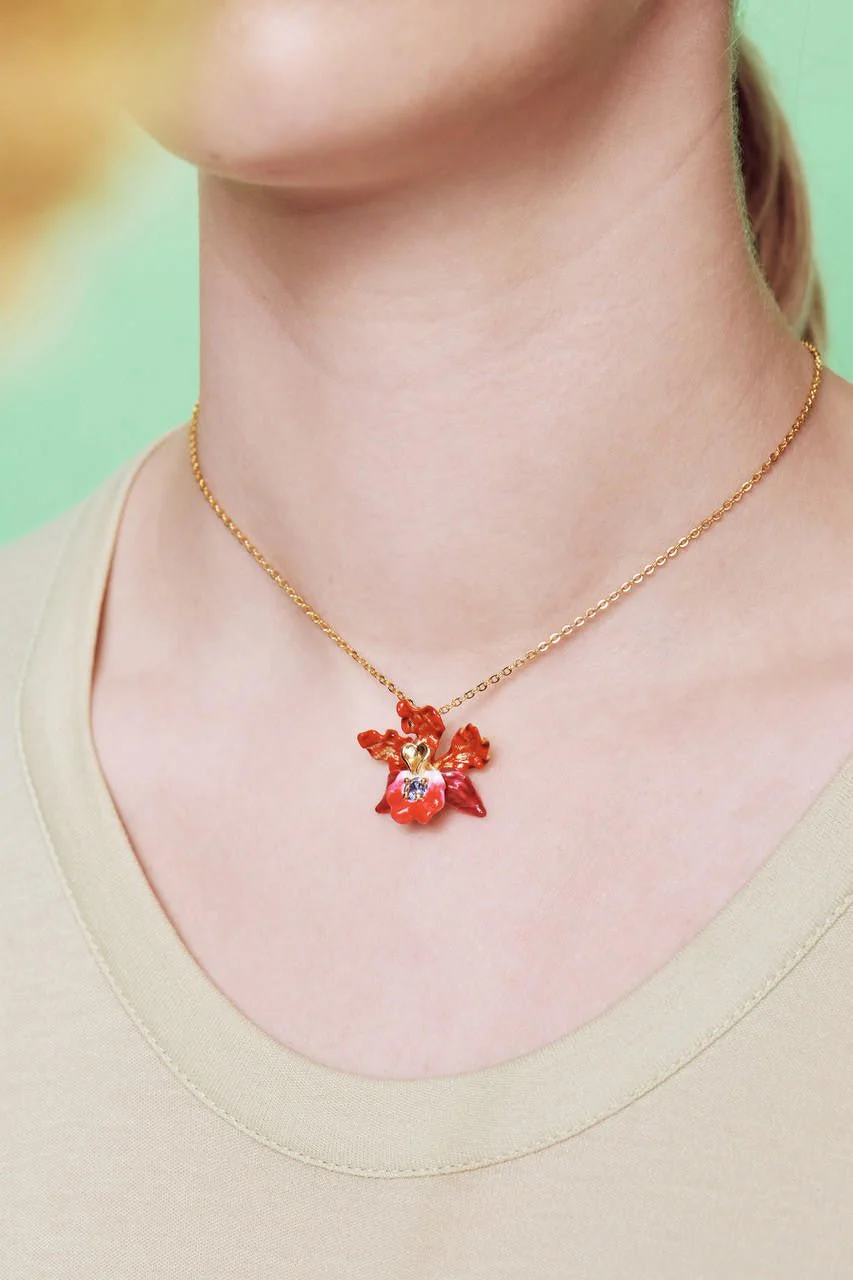 Exotic Orchid Flowers And Faceted Crystal Pendant Necklace | AOOC3061 - Image 4