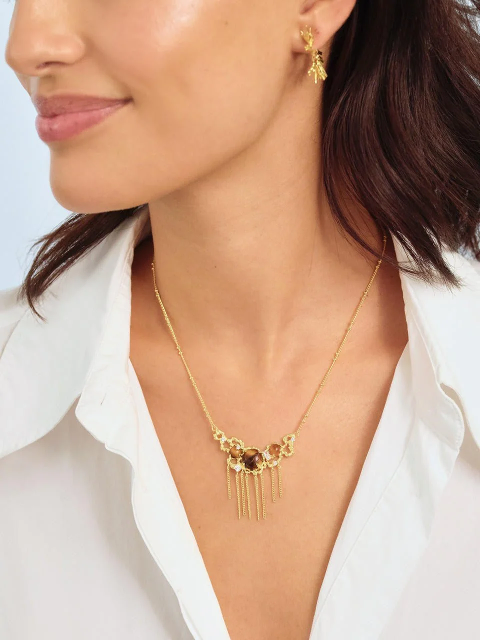 Tiger Eye And Gold Links Statement Necklace | APTM3041 - Image 5