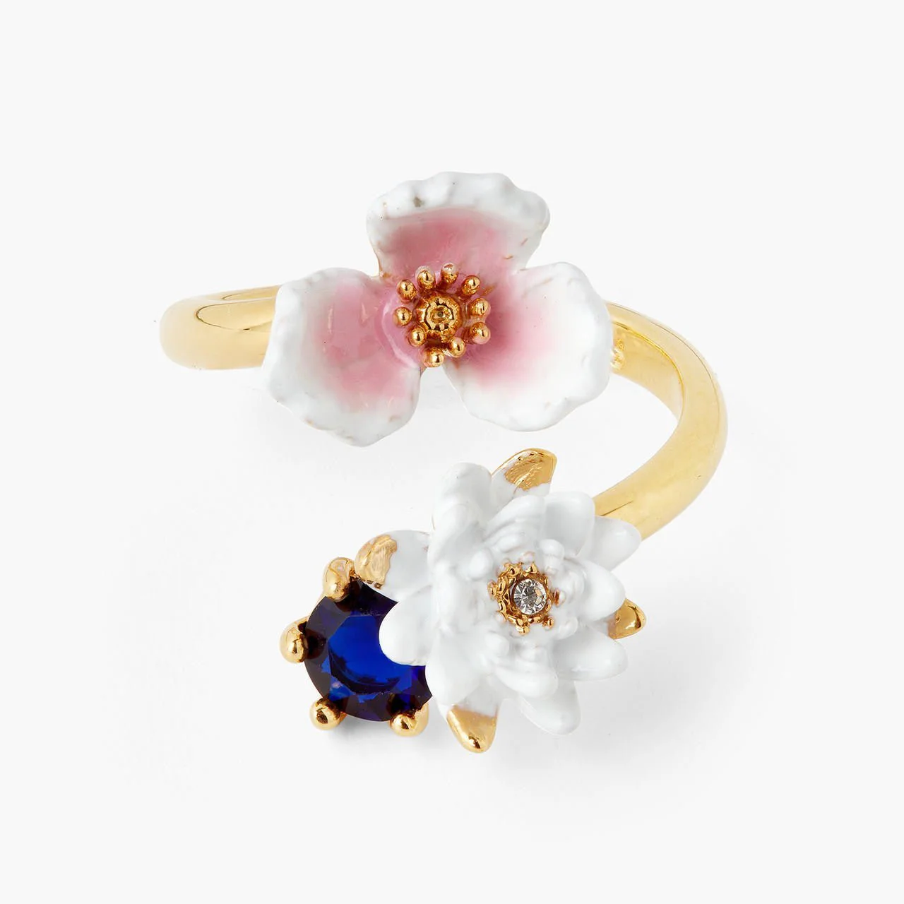 White Water Lily On Blue Stone And Pink Water Plantain Adjustable Ring | AQJF6011 - Image 4