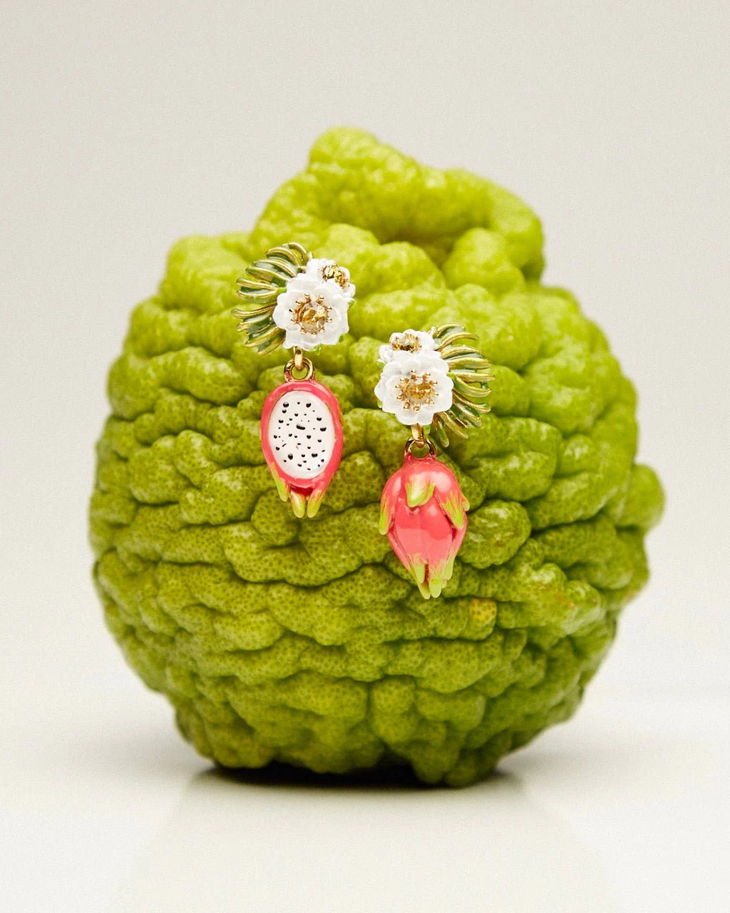 Dragonfruit And Pitaya Flower Dangling Earrings | ARPA1061 - Image 3