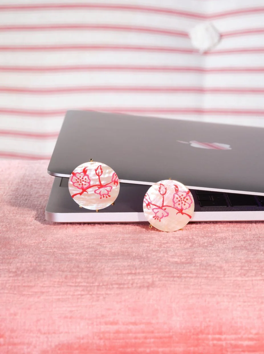 Rosebush Red Stamp On Mother Of Pearl Earrings | ASEN1111 - Image 4