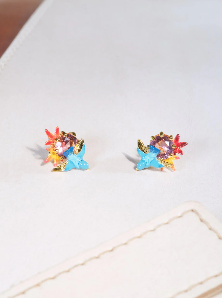 Kingfisher, Maple Leaf And Round Stone Earrings | ASPL1051 - Image 6