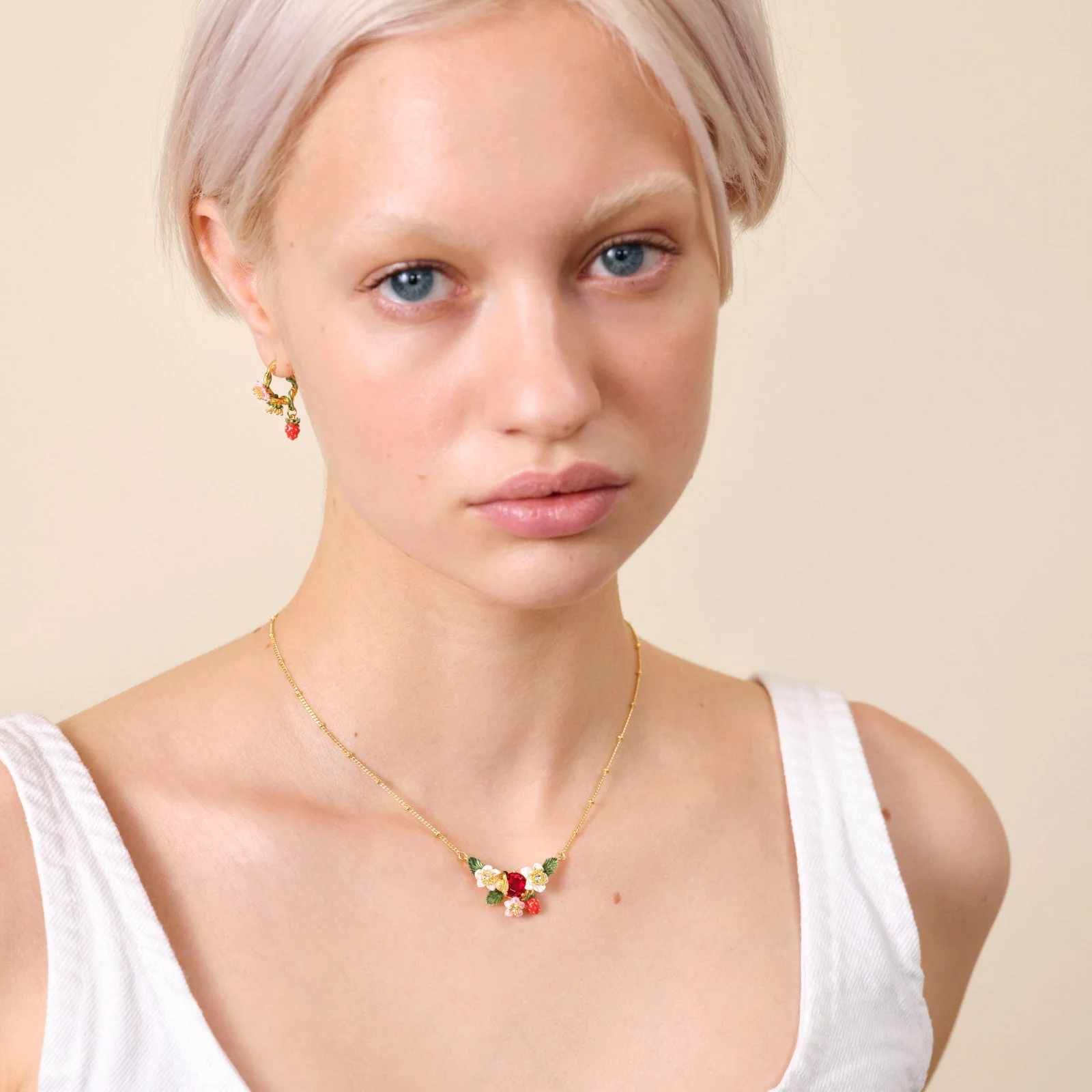 Wild Strawberry, Strawberry Flower And Bumblebee Statement Necklace | ATBG3021 - Image 2