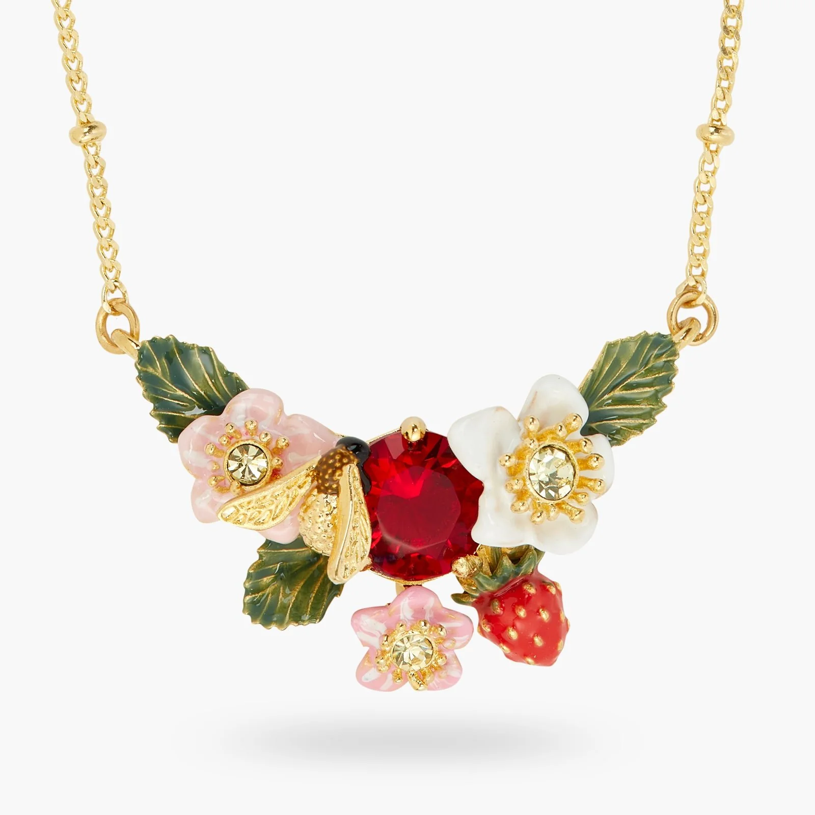 Wild Strawberry, Strawberry Flower And Bumblebee Statement Necklace | ATBG3021 - Image 4