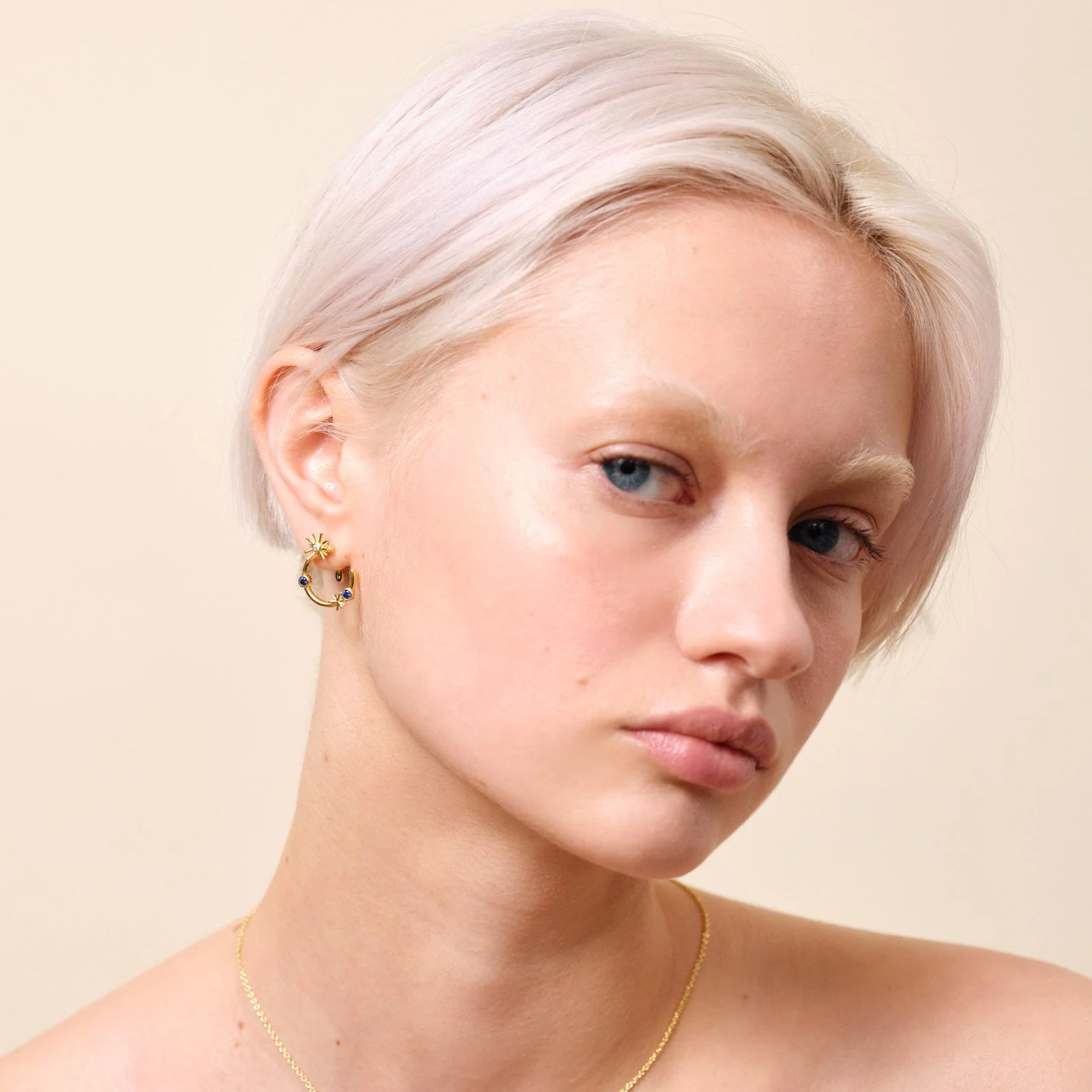 Gold Stars And Midnight Blue Stone Hoop Earrings | ATET1021 - Image 2