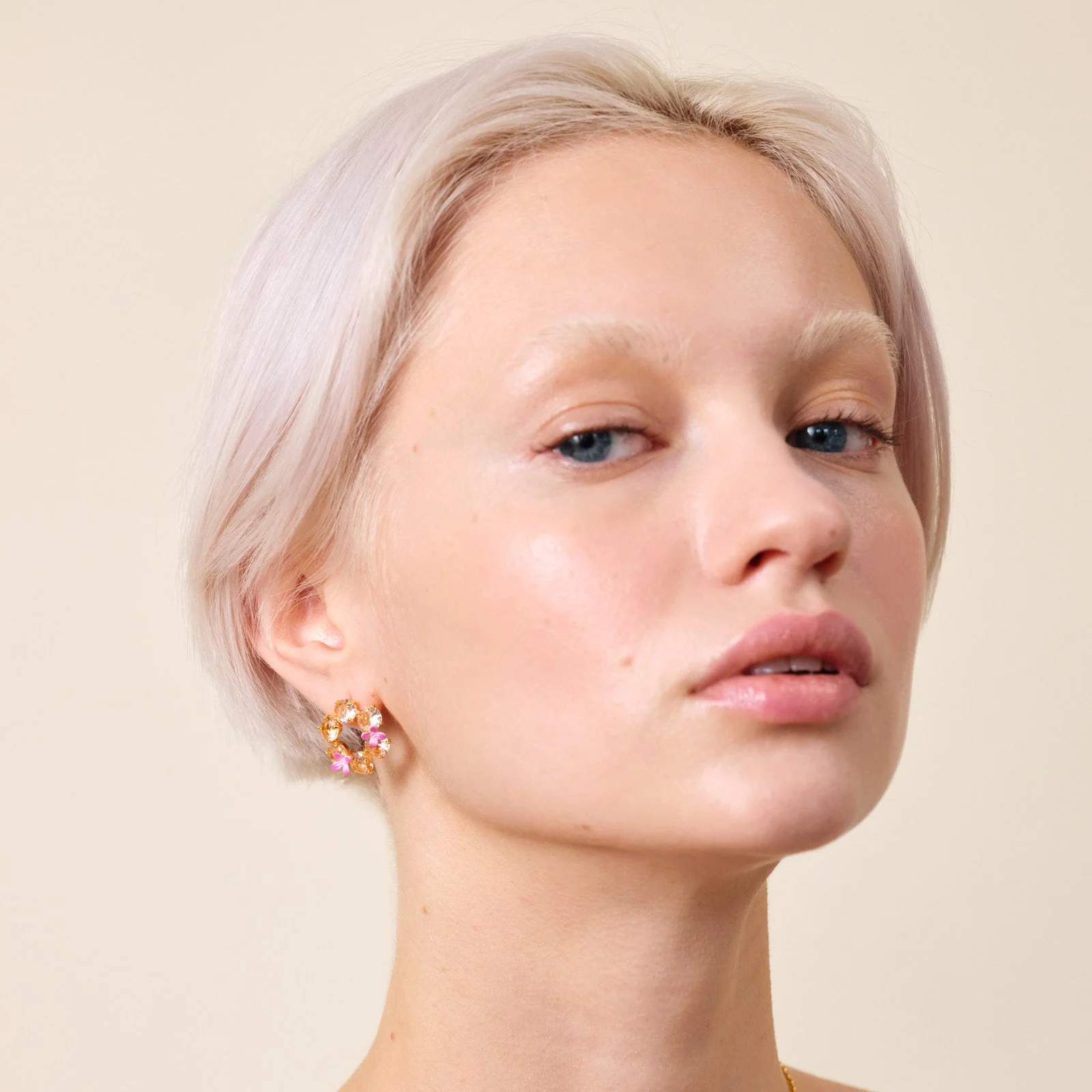 Apricot Pink Diamantine Flower And 6 Round Stone Earrings | ATLD1422 - Image 2