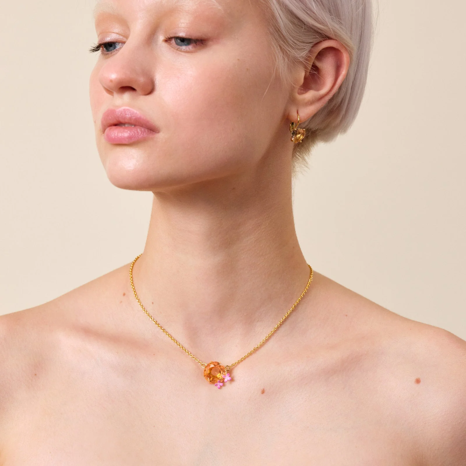 Apricot Pink Diamantine Flower And Round Stone Fine Necklace | ATLD3012 - Image 4