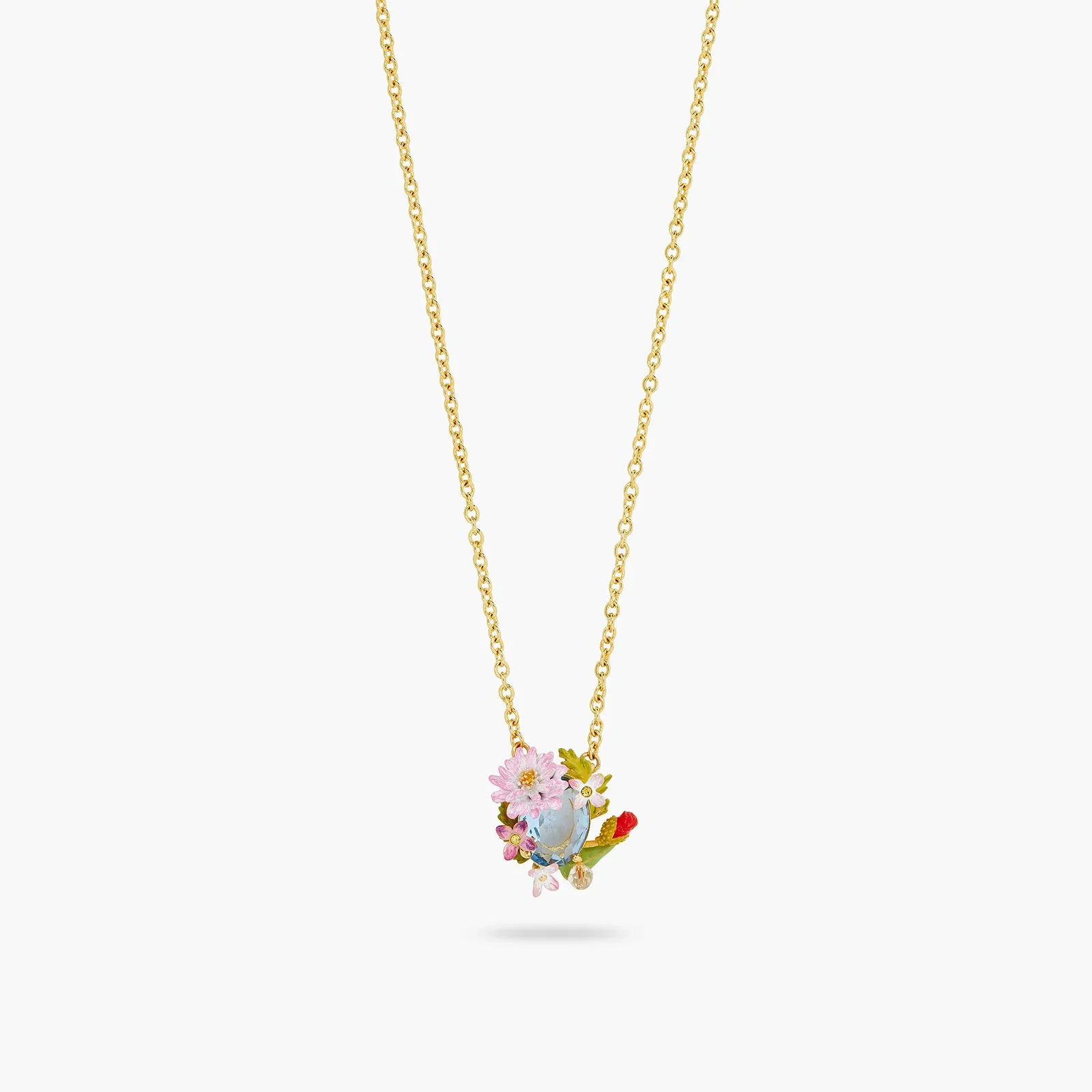 Poppy, Daisy And Blue Cut Crystal Stone Pendant Necklace | ATPO3021