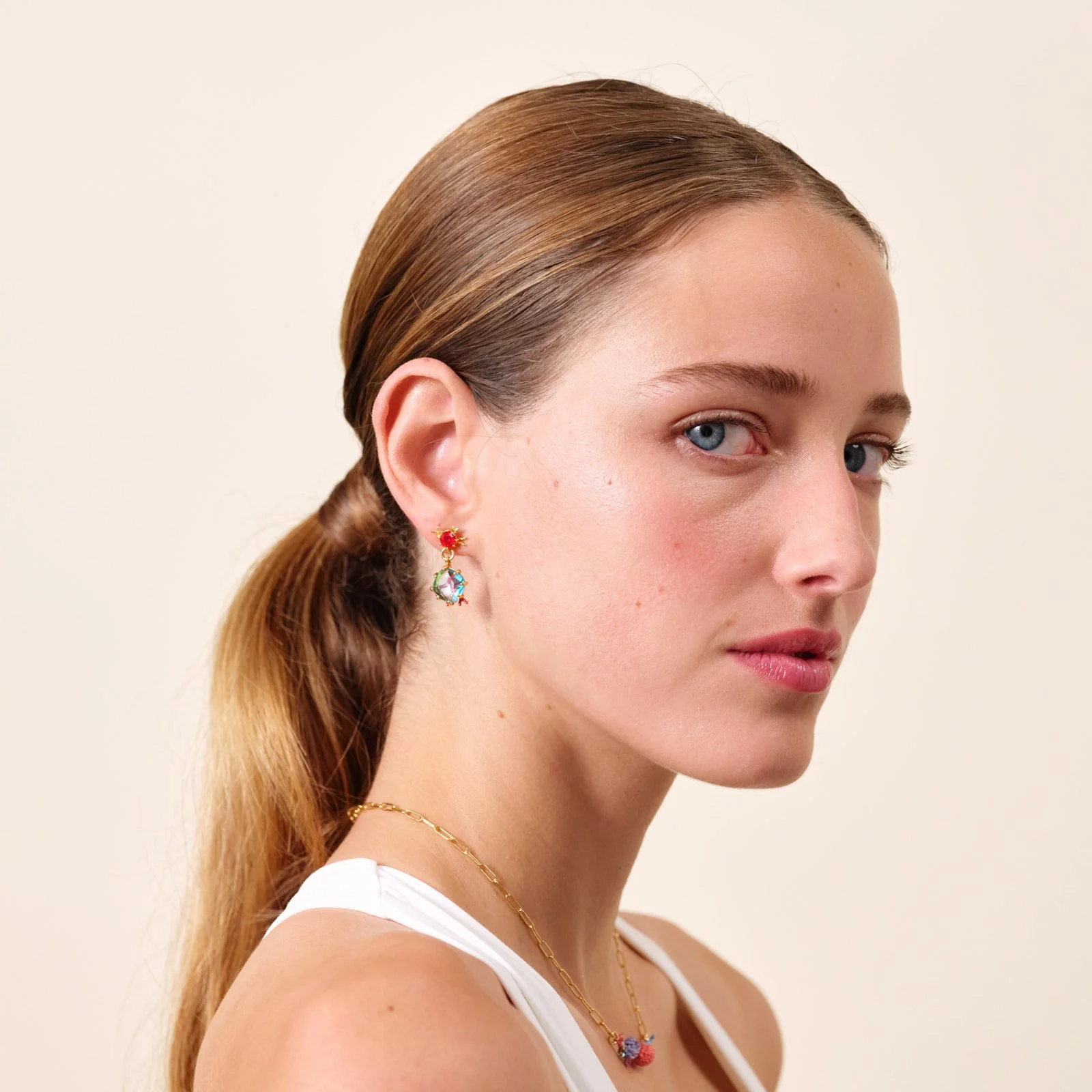 Red Coral And Cut Crystal Stone Earrings | ATPR1041 - Image 2