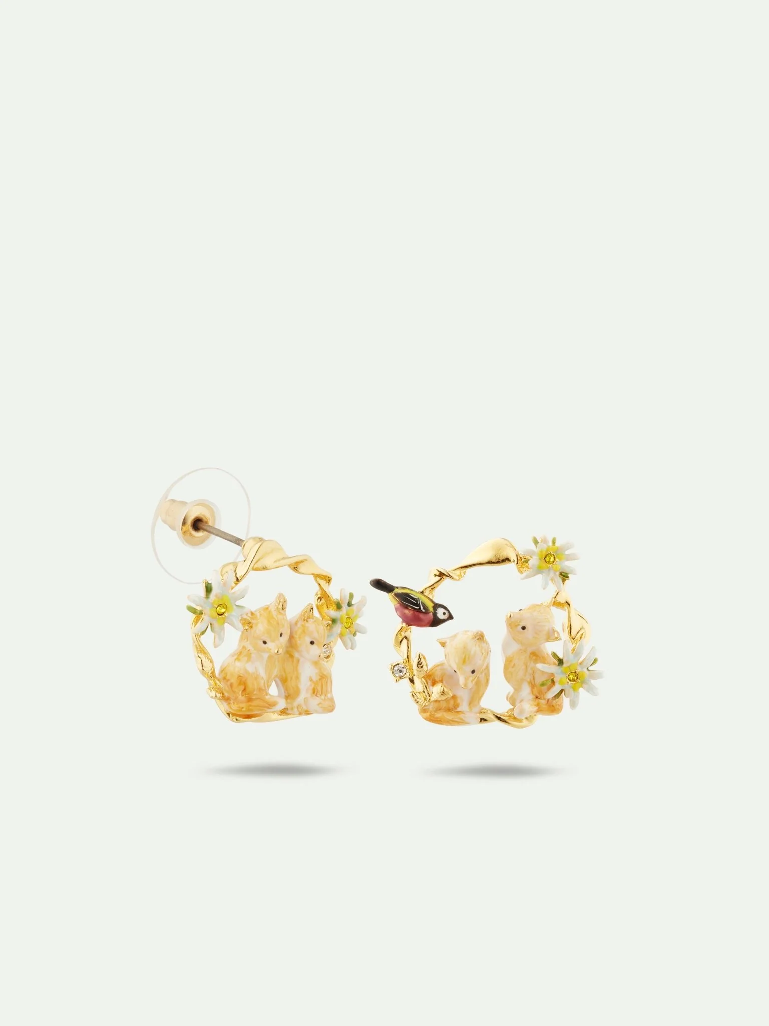 Asymmetrical Edelweiss Flower, Arctic Fox And Varied Tit Hoop Earrings | AULA1051 - Image 2
