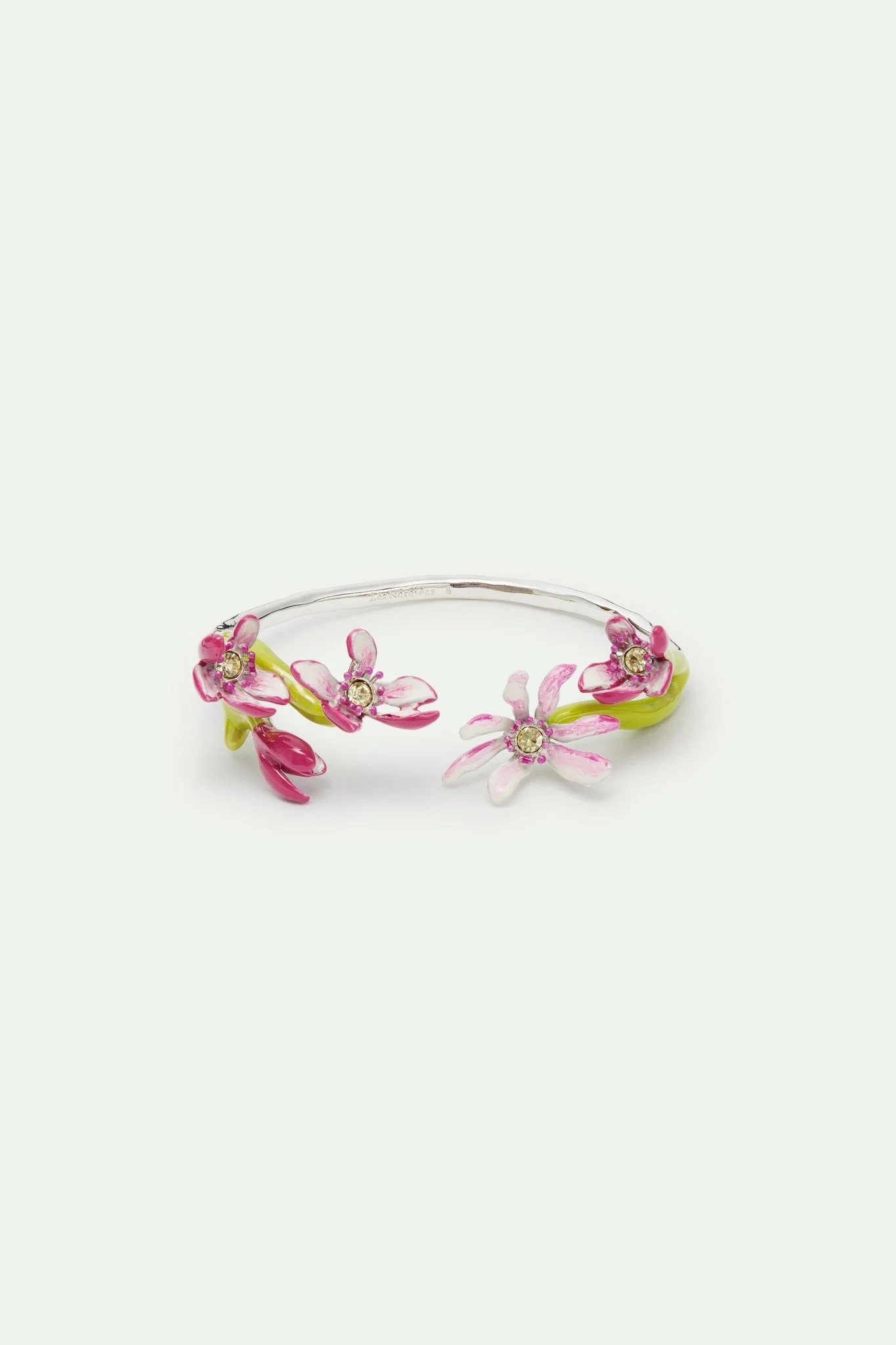 Fine Silver Cuff Bracelet With Pink Magnolia Flowers And Crystals | AVFA2021 - Image 2