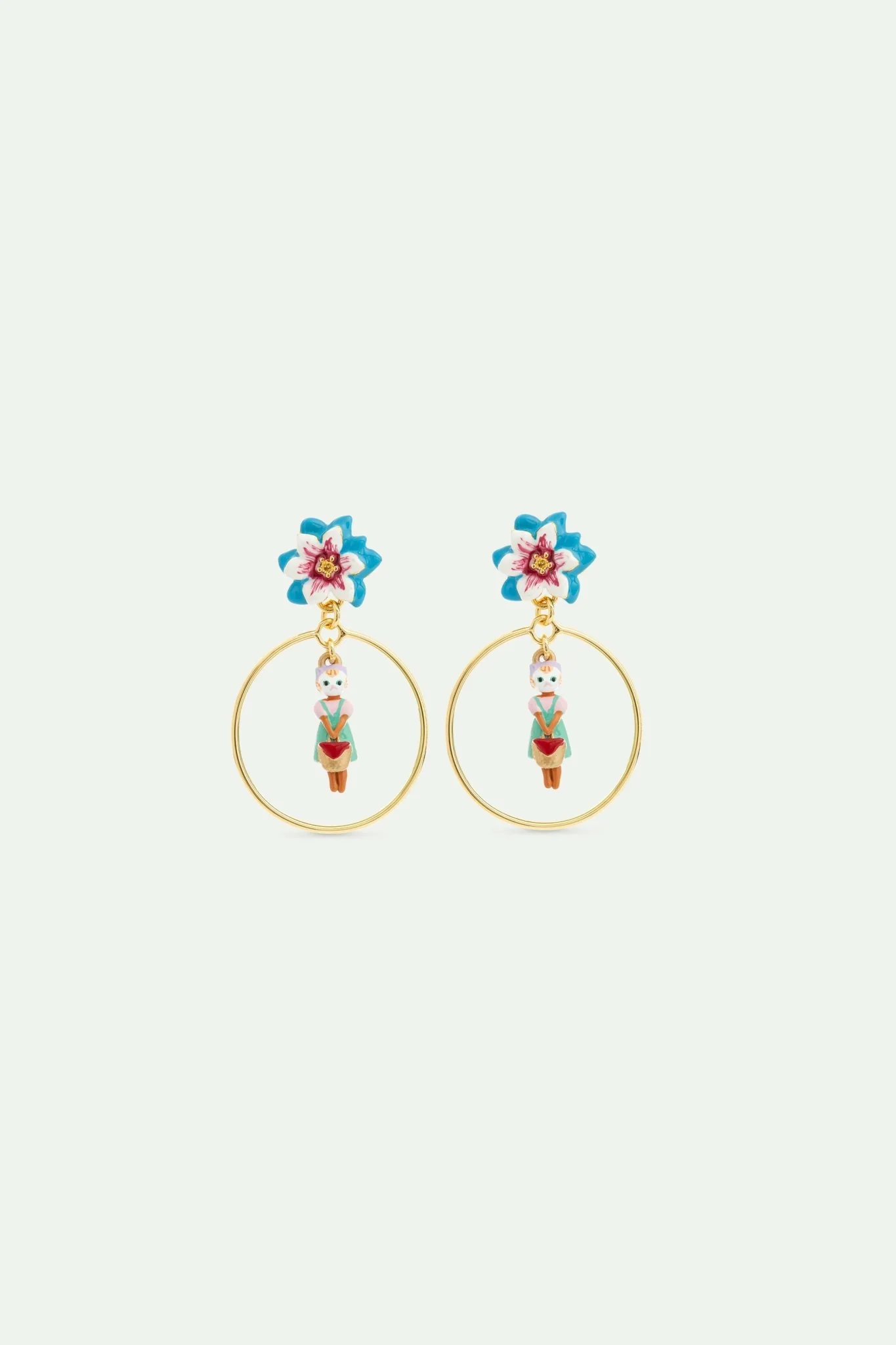 Ginger Cat And Blue Flower Dangle Hoop Earrings | AVHP1061