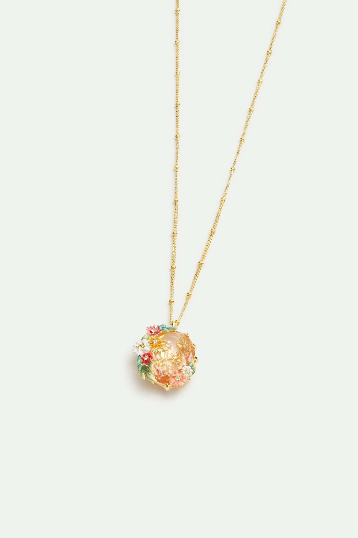 Oval Pink Faceted Stone Pendant Necklace With Zinnias And Daisies | AVJC3041 - Image 2