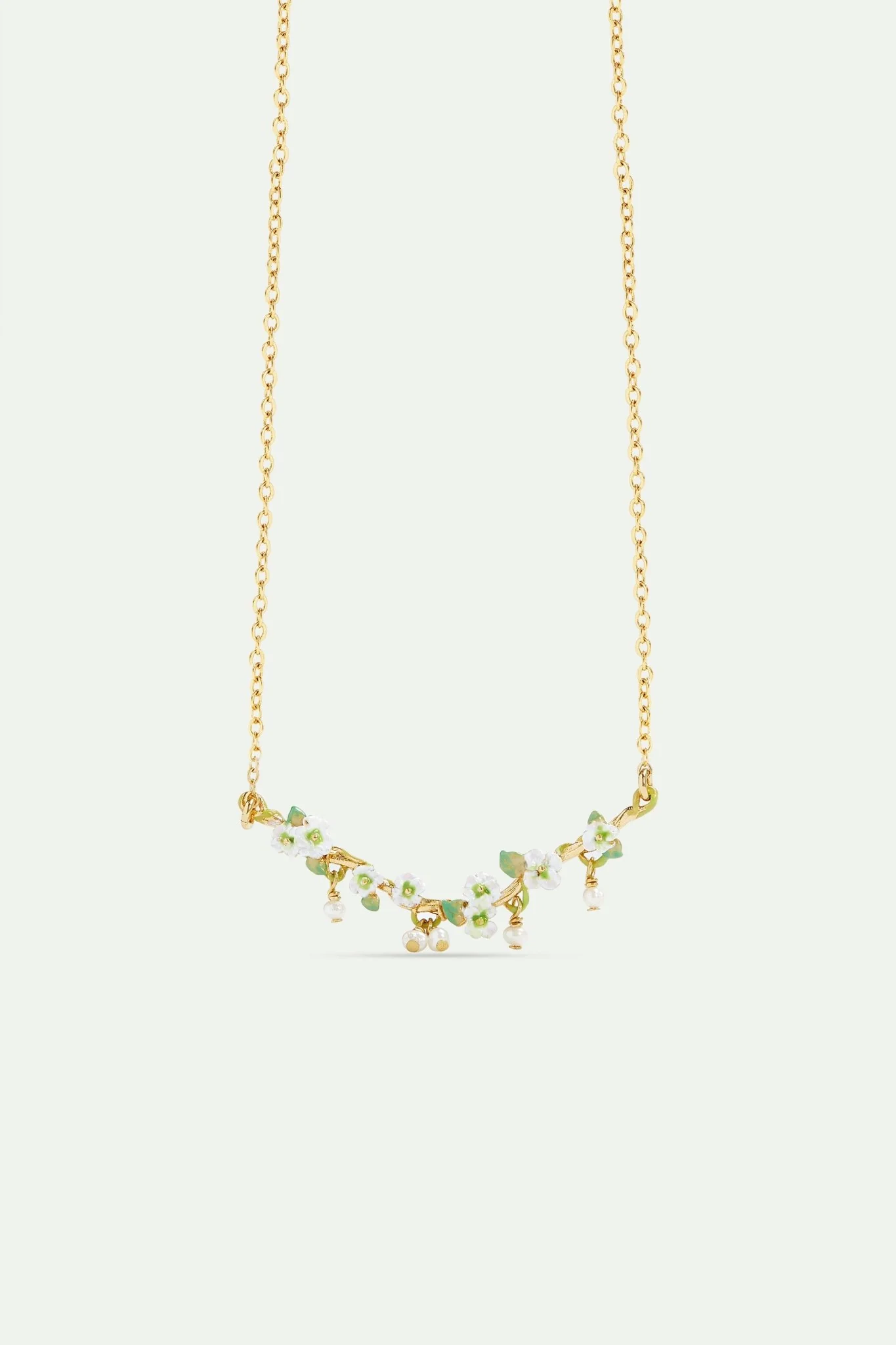White Hollyhocks And Mother Of Pearl Beads Gold-Plated Statement Necklace | AVJH3051