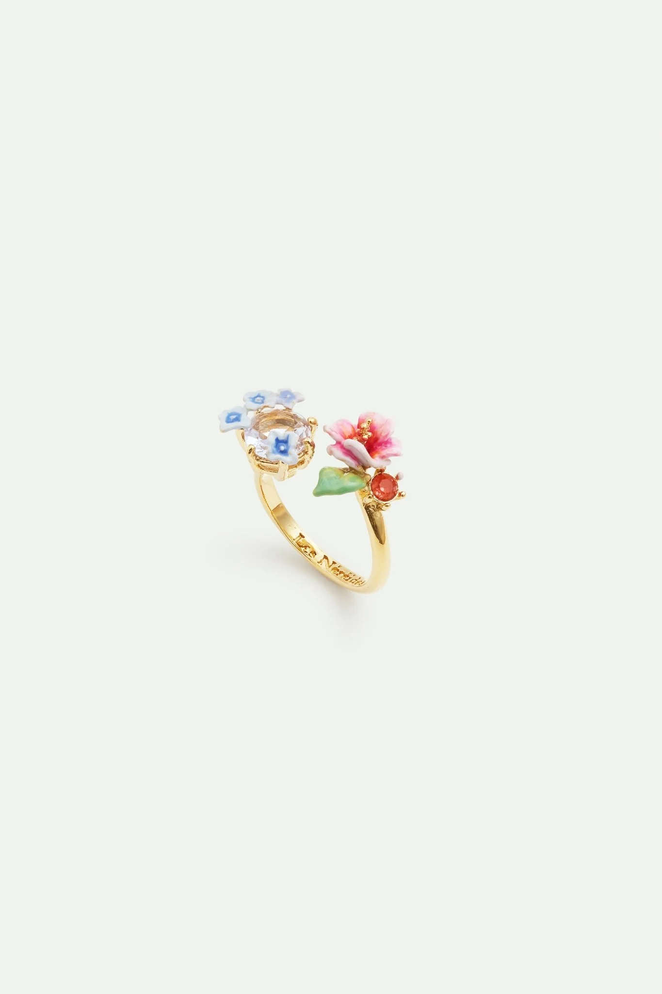 Hydrangea Flower And Round Faceted Crystal Stone Adjustable Ring | AVJH6021