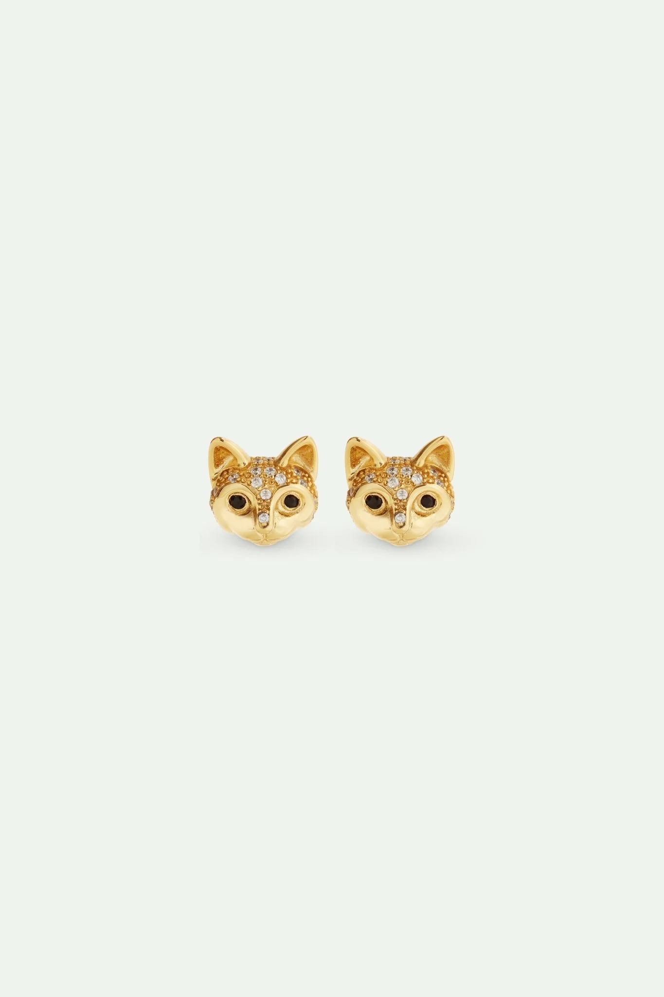 Golden Cat Head And Crystal Post Earrings | AVLA1011