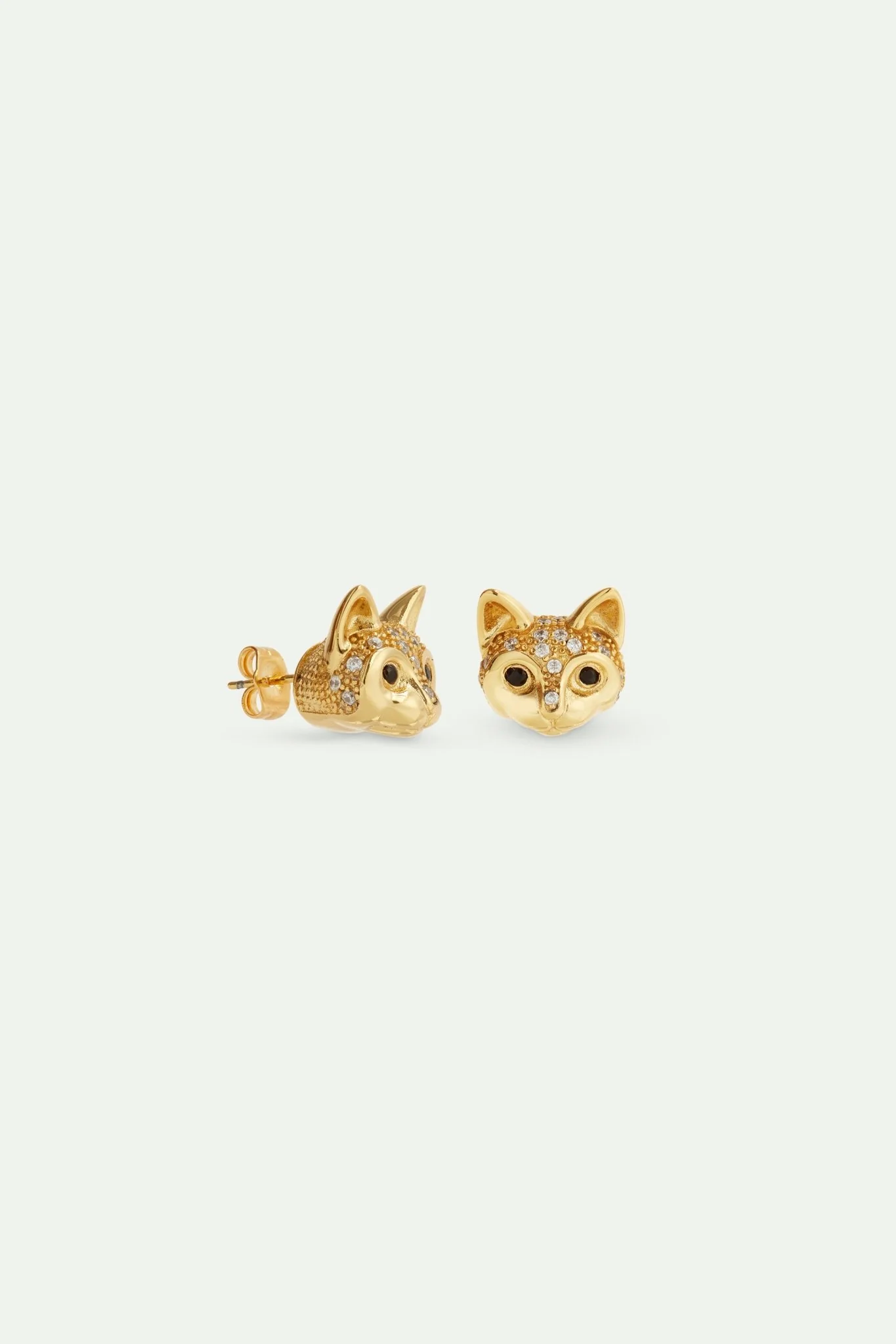 Golden Cat Head And Crystal Post Earrings | AVLA1011 - Image 2