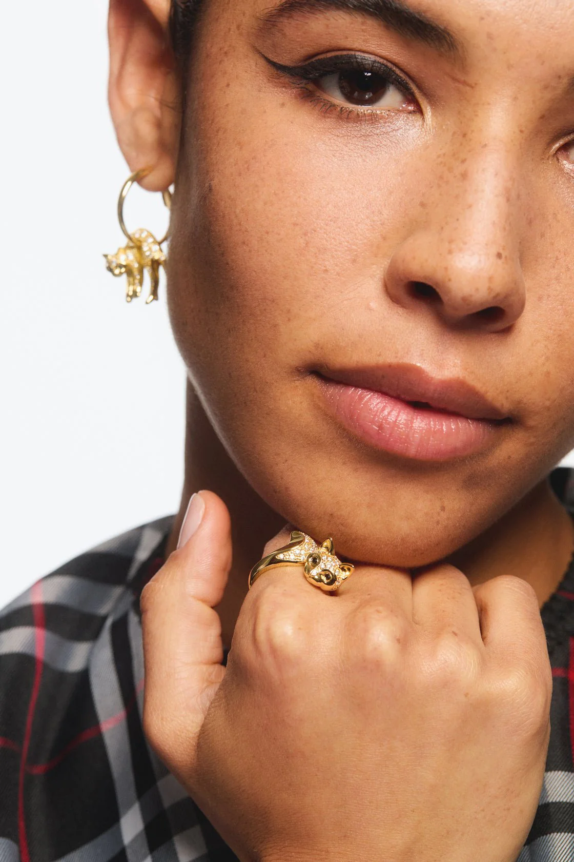 Cat And Crystal Golden Hoop Earrings | AVLA1021 - Image 3