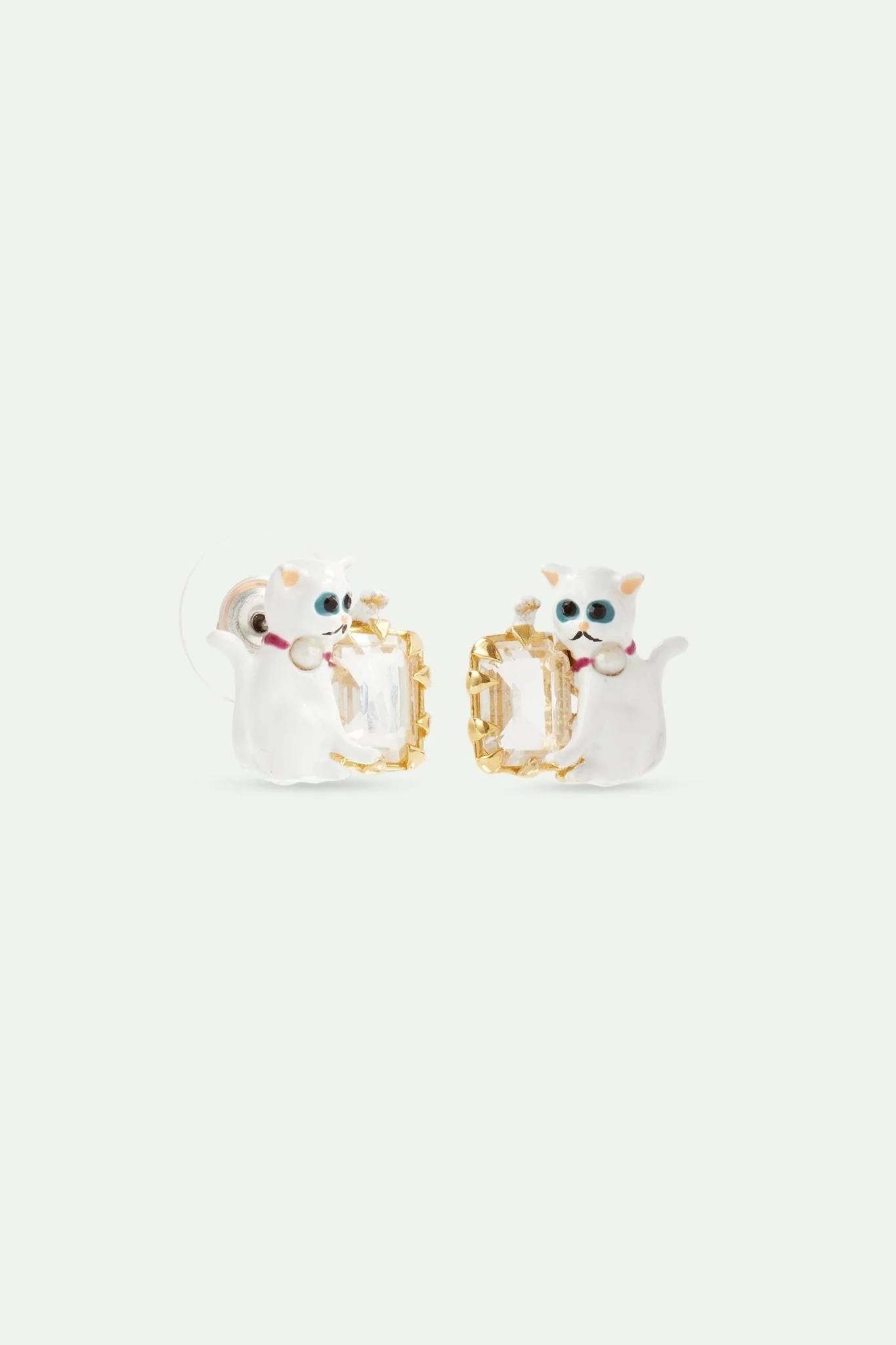White Cat And Faceted White Stone Earrings | AVLA1051 - Image 2