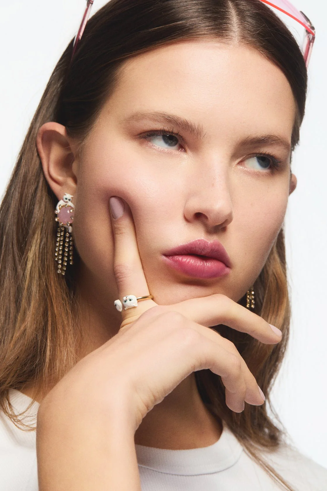 Dangle Post Earrings With White Cat, Pink Round Stone, And Rhinestone Chain. | AVLA1061 - Image 3