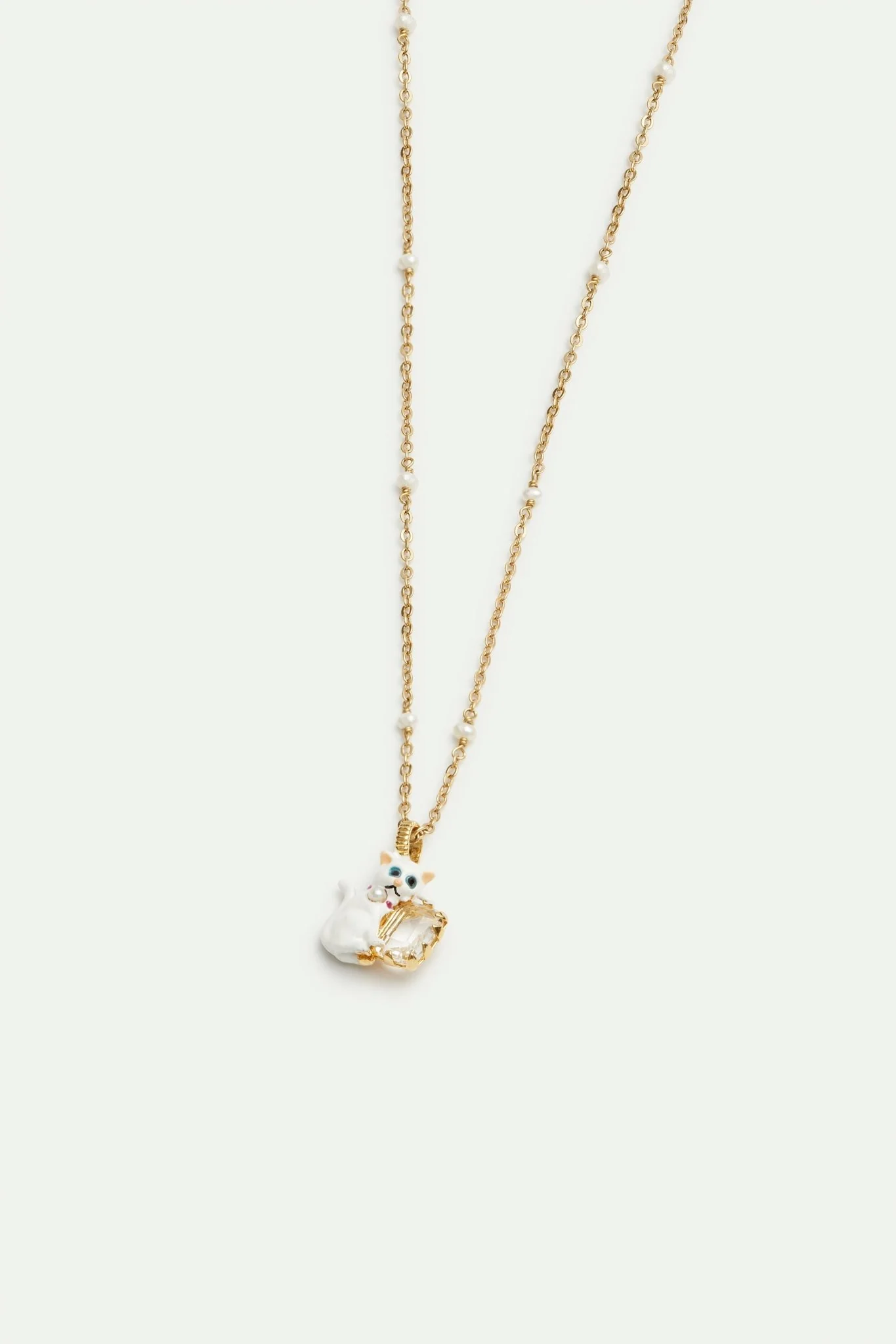 White Cat And White Faceted Stone Beaded Pendant Necklace | AVLA3031 - Image 2