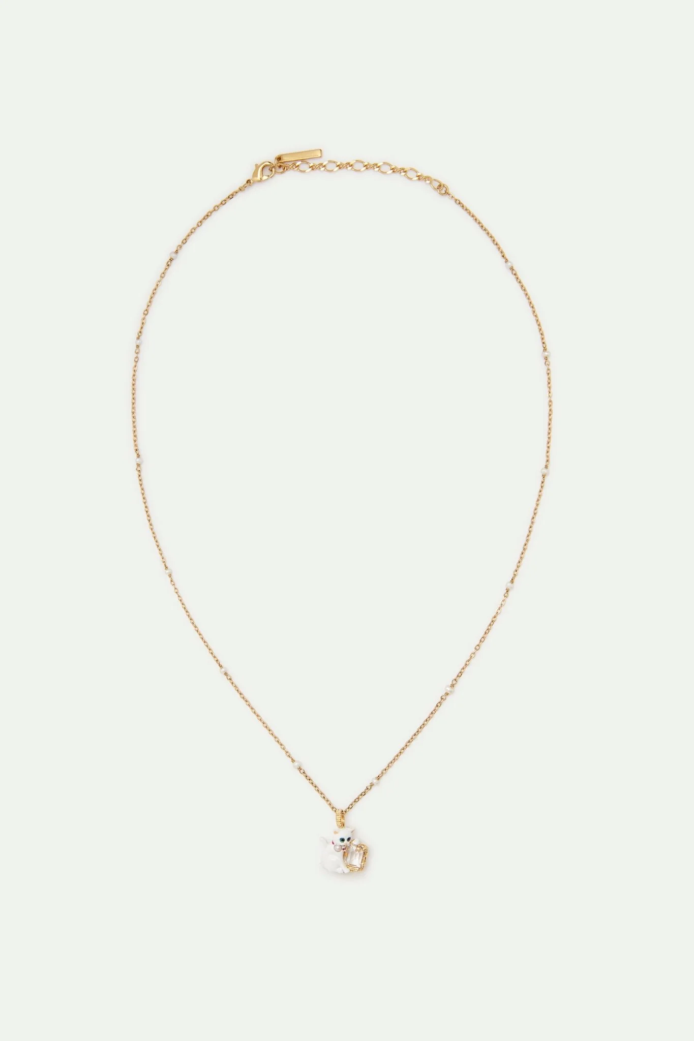White Cat And White Faceted Stone Beaded Pendant Necklace | AVLA3031 - Image 3