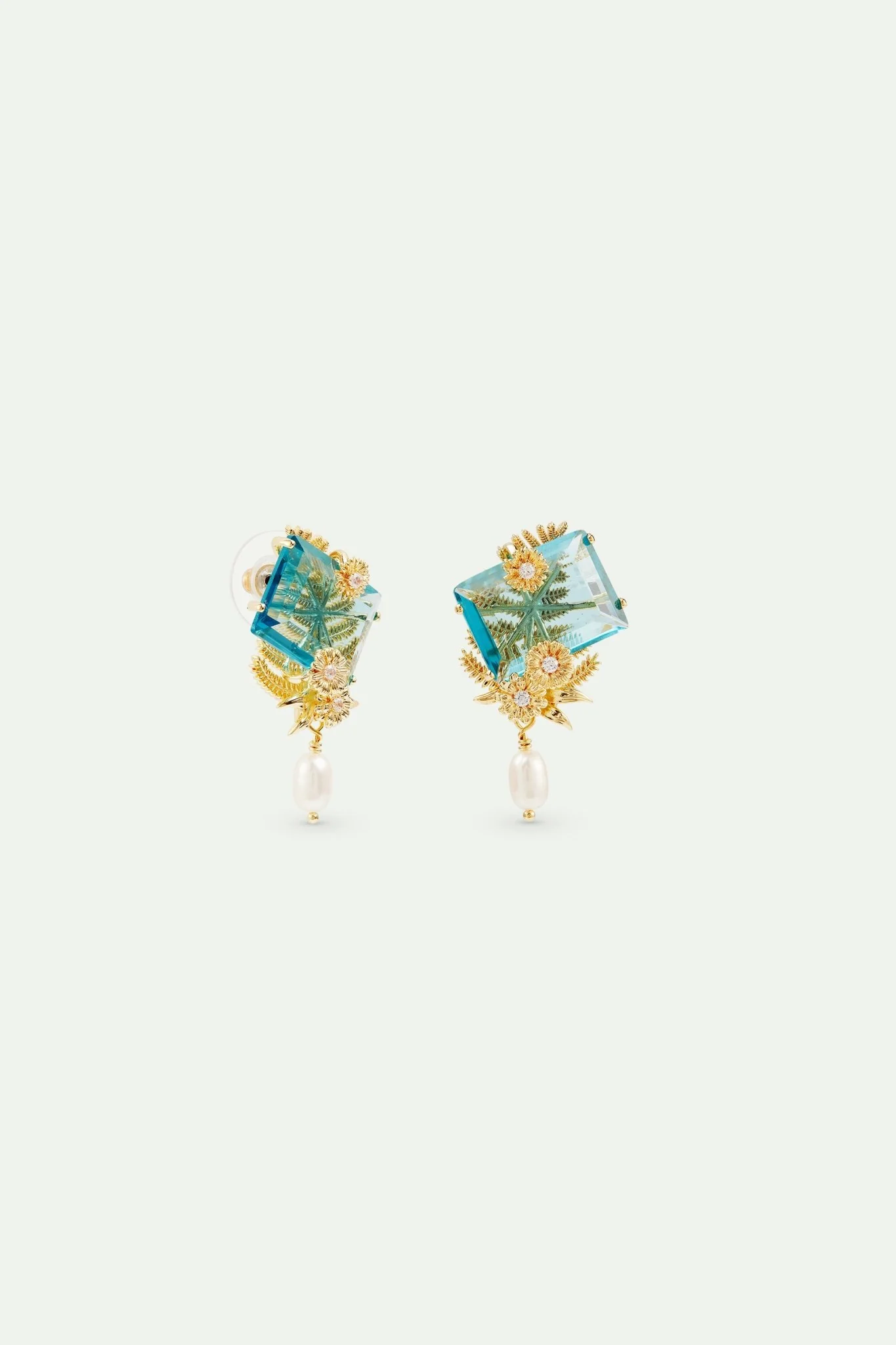 Sleeper Earrings With Blue Cut Stone, Golden Flowers And Cultured Pearl | AVNF1121 - Image 4