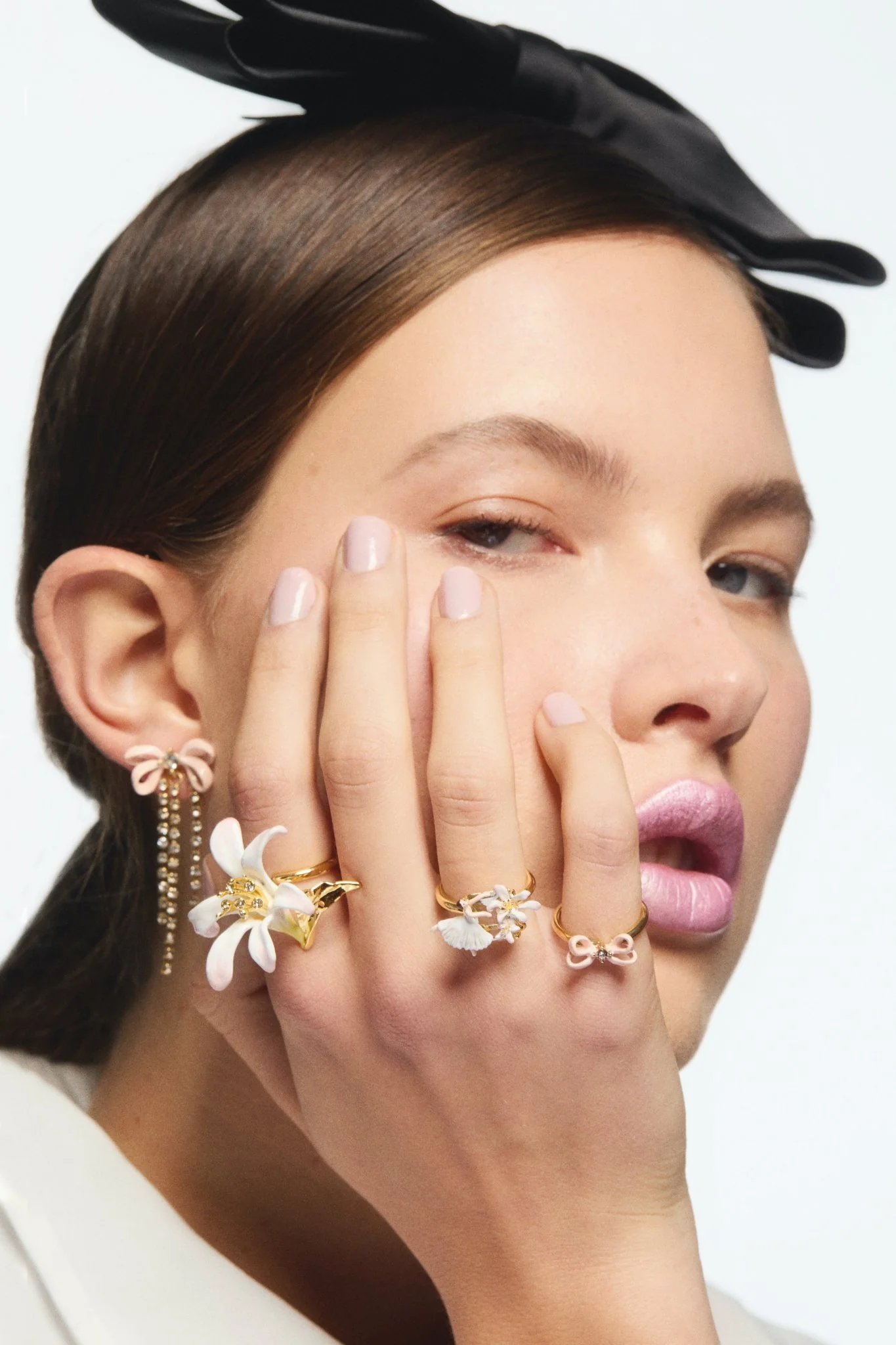 White Lily Flower And Crystal Adjustable Ring | AVOP6051 - Image 3
