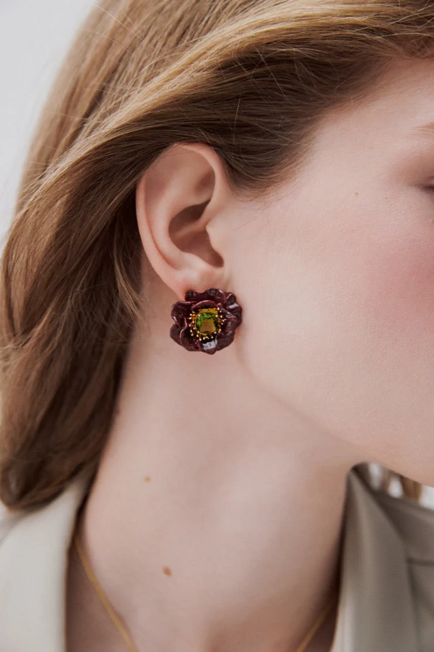 Burgundy Anemone And Green Stone Earrings | AWBB1011 - Image 3