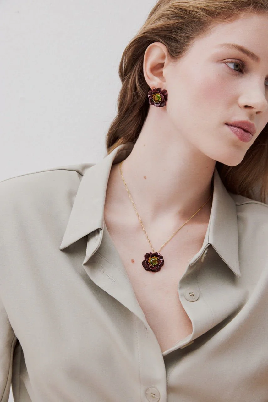 Burgundy Anemone And Green Stone Earrings | AWBB1011 - Image 5