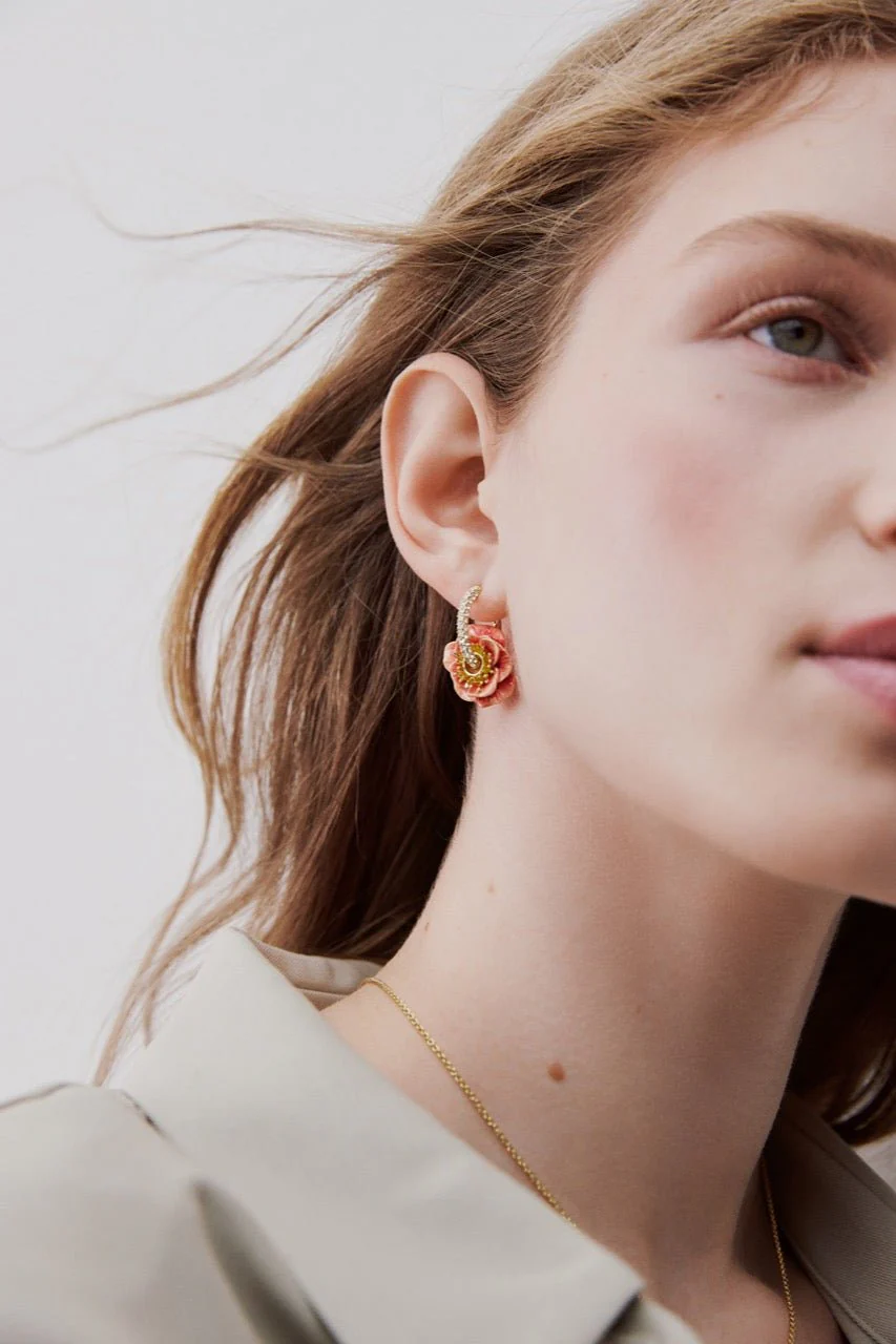 Rhinestone Hoop Earrings With Pink Anemone | AWBB1041 - Image 3