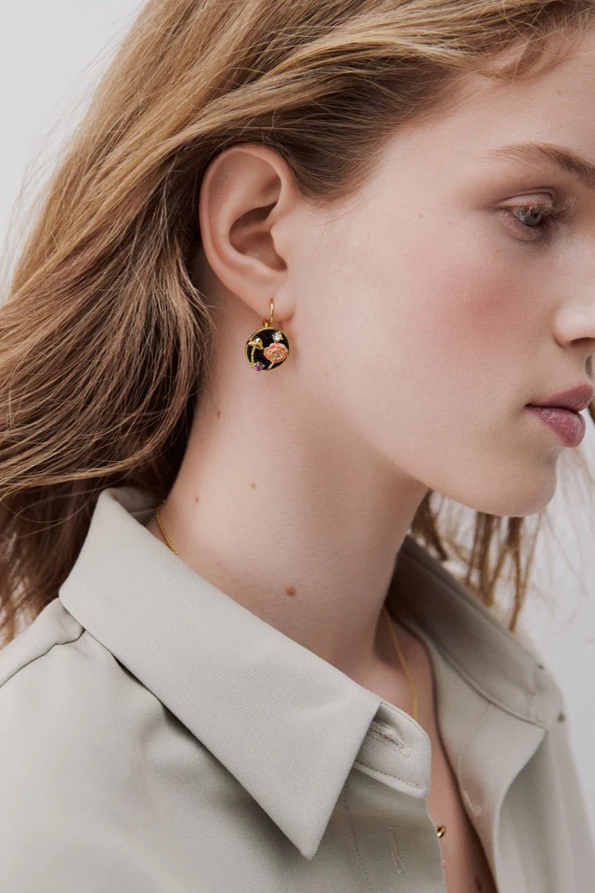 Black Medallion Clip-On Earrings With Mushroom, Anemone & Crystals | AWBB1081 - Image 3