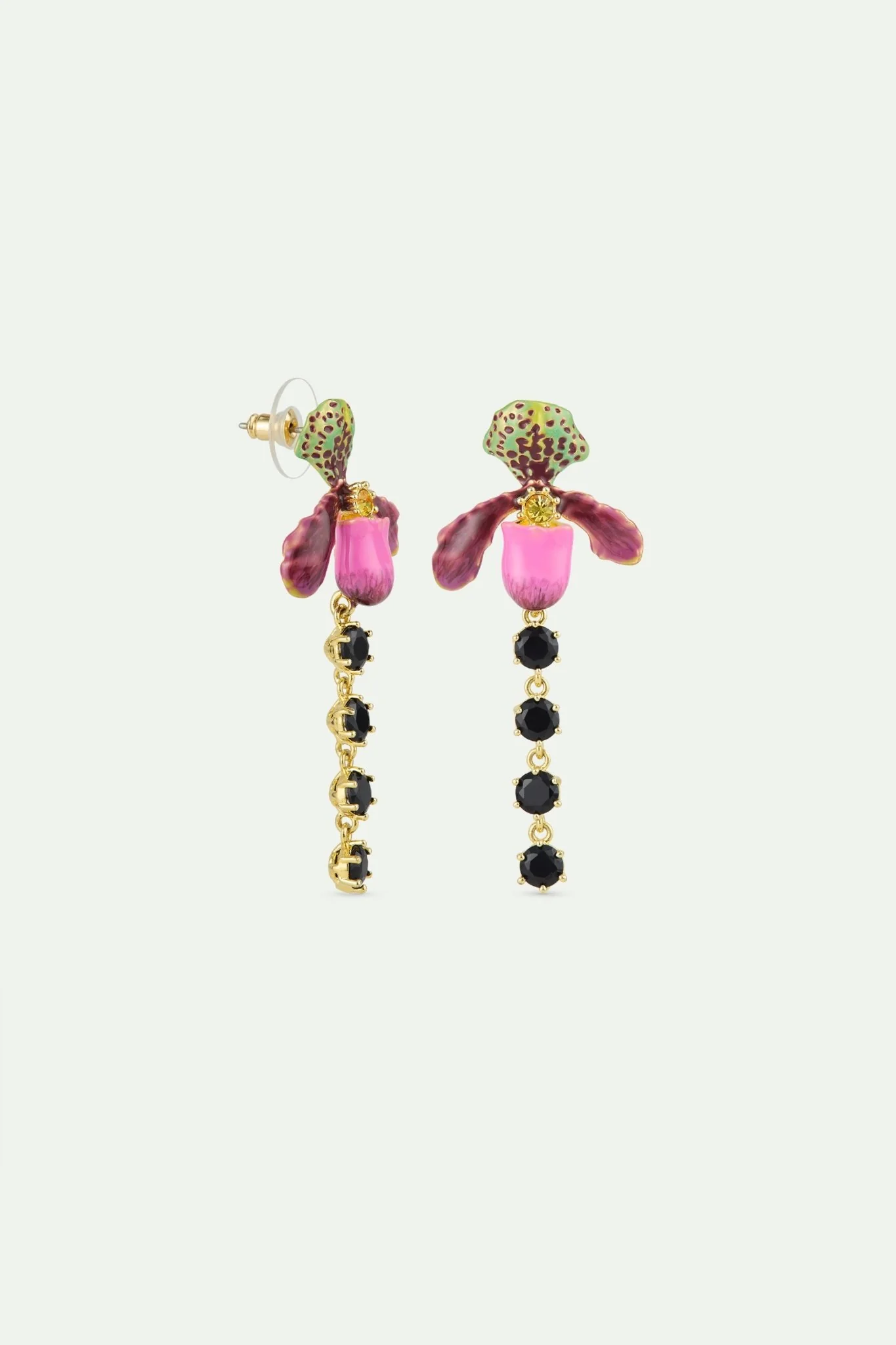 Dangle Purple Lady'S Slipper Orchid & Black Crystal Earrings | AWCC1051 - Image 2