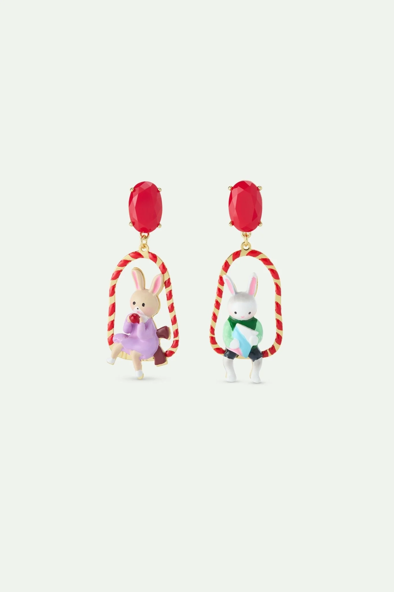 Asymmetrical Dangle Rabbit Hansel & Gretel On Red Swing Earrings | AWHG1051