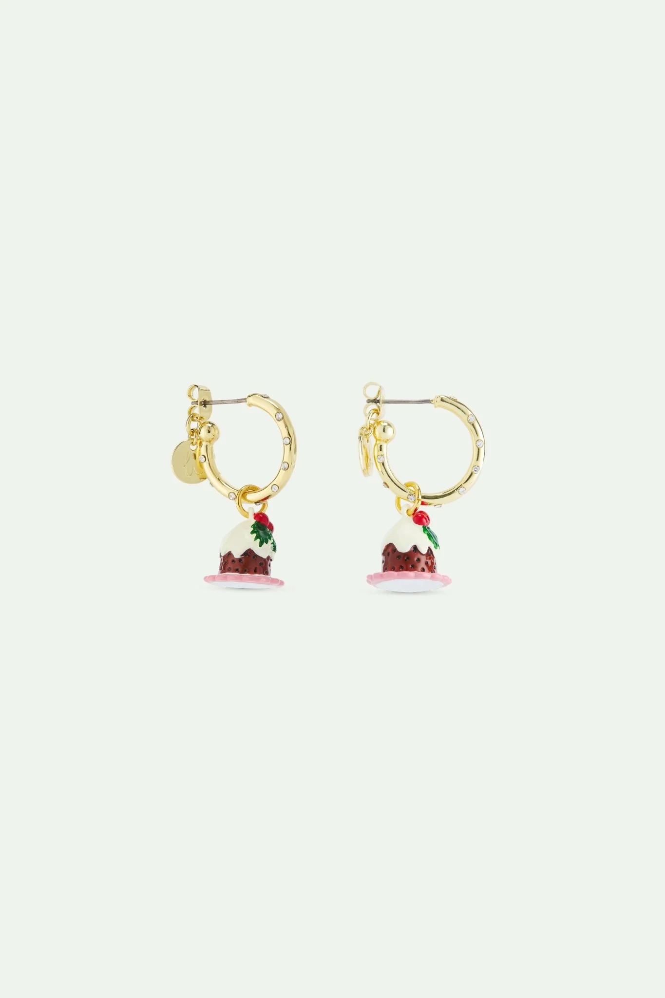 White Rhinestones And Christmas Pudding Charm Hoop Earrings | AWWI1071
